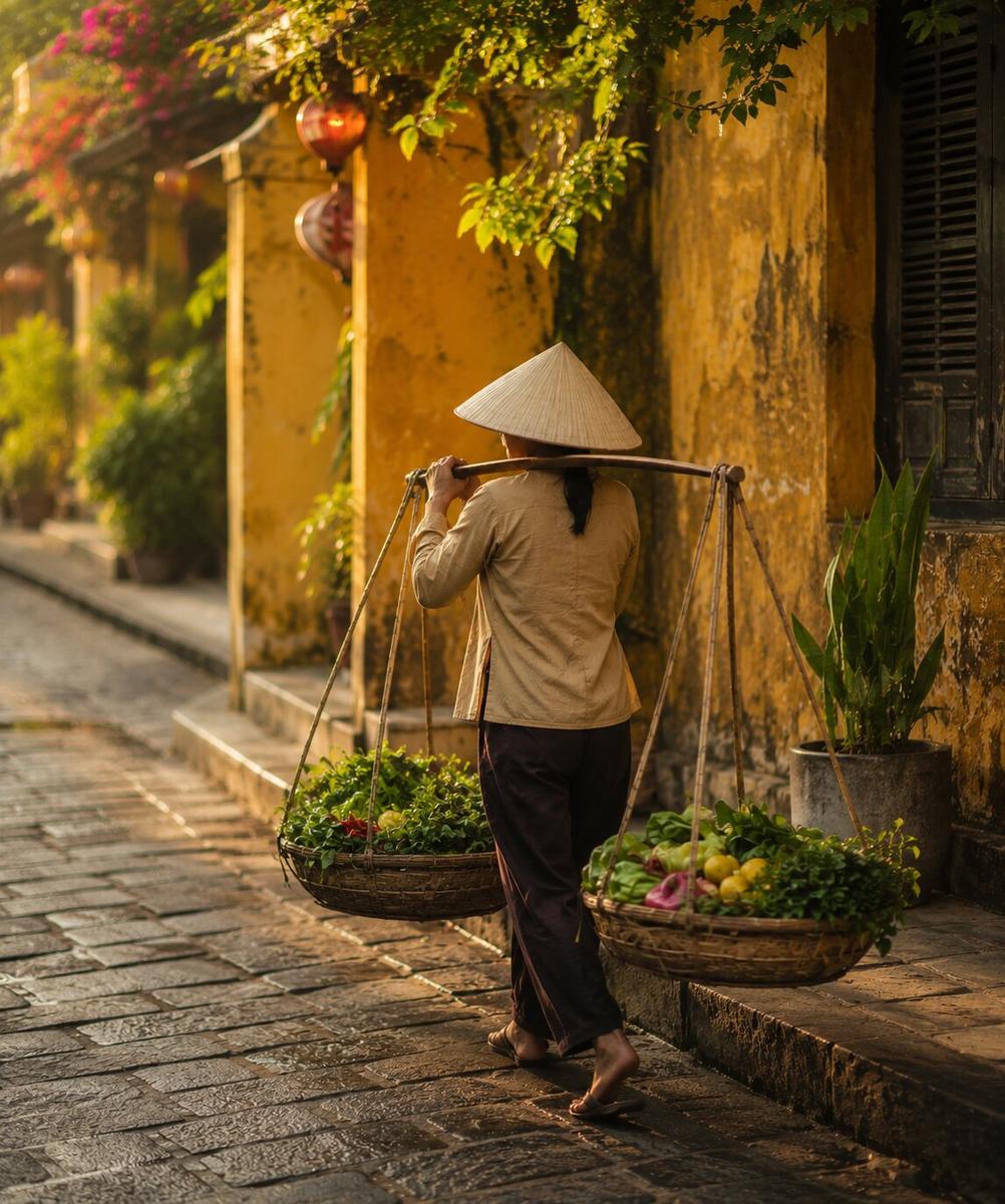 A street vendor in a conical hat