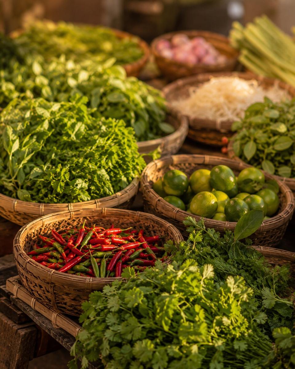 Fresh herbs and produce in market baskets